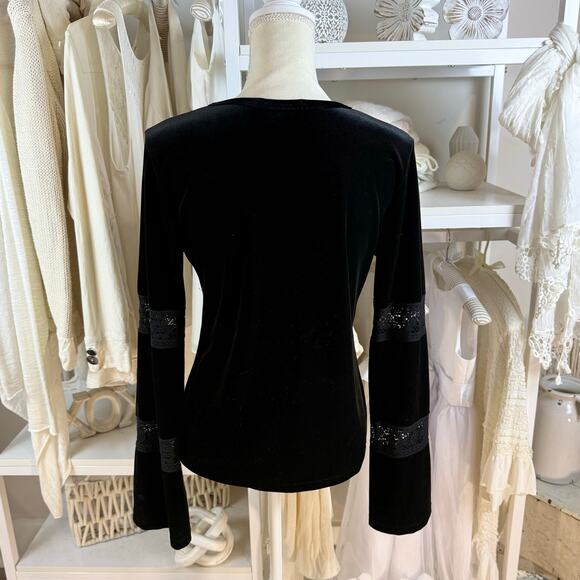 Boston Proper women's sz. small Velour black boho deep v neck blouse lace - Picture 5 of 8